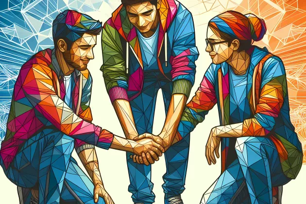 tre personer som sitter i ring och håller varandras händer. illustration