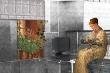 Photo montage: A woman knitting threads coming from a computer.